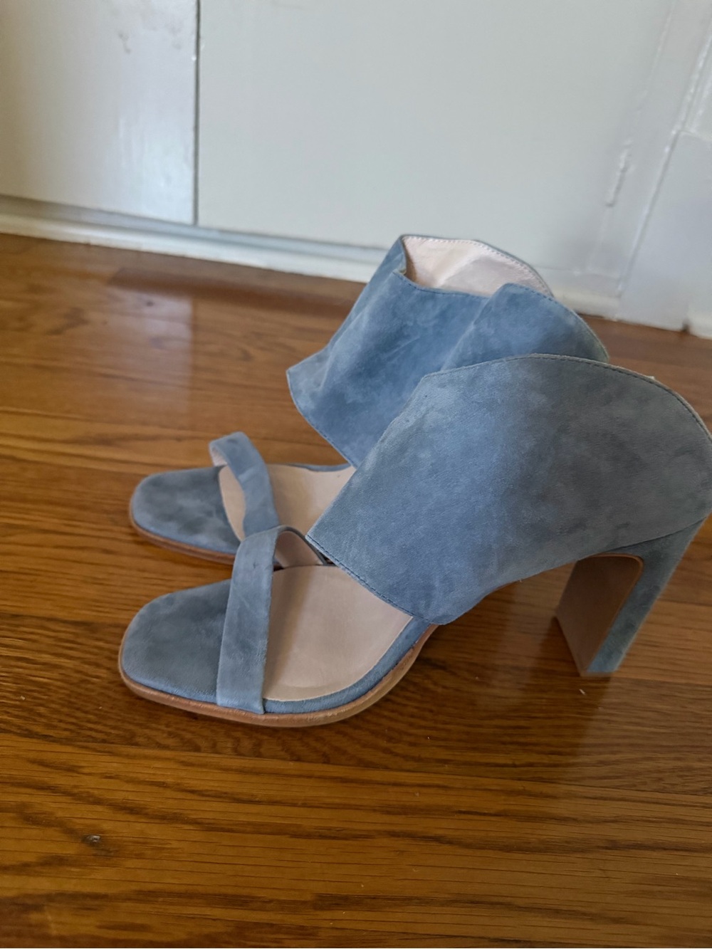 42 GOLD Dusty Blue Suede Open-Toe Block Heel Sandals